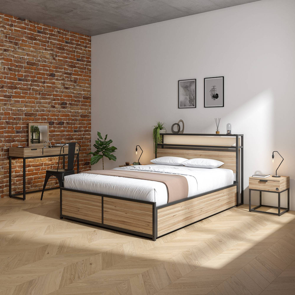 XR Living Denver Double Oak and Black Ottoman Bed with App Controlled LED Image 2