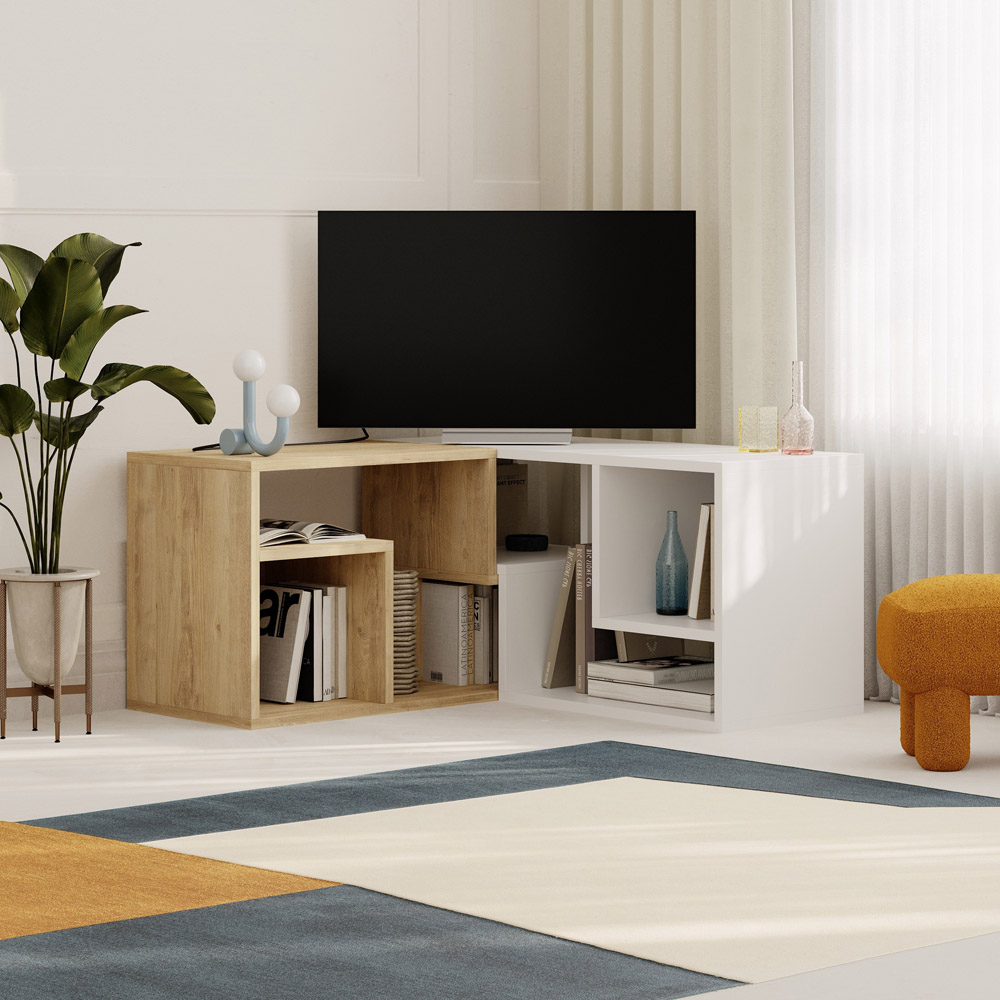 Decortie Glis 6 Shelf Oak and White Modern Adjustable Corner TV Unit Image 4