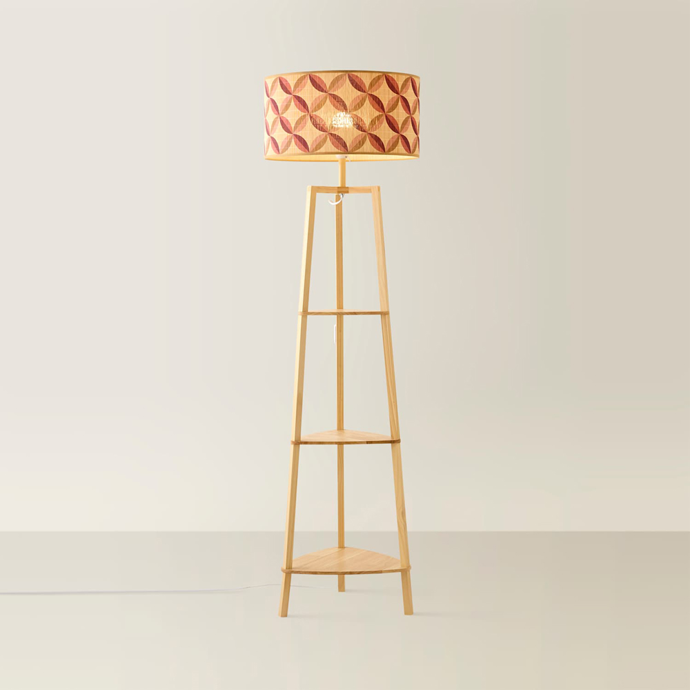 ValueLights Hiru 3 Shelf Geo Print Bamboo Drum Shade Natural Wooden Floor Lamp with Bulb Image 3