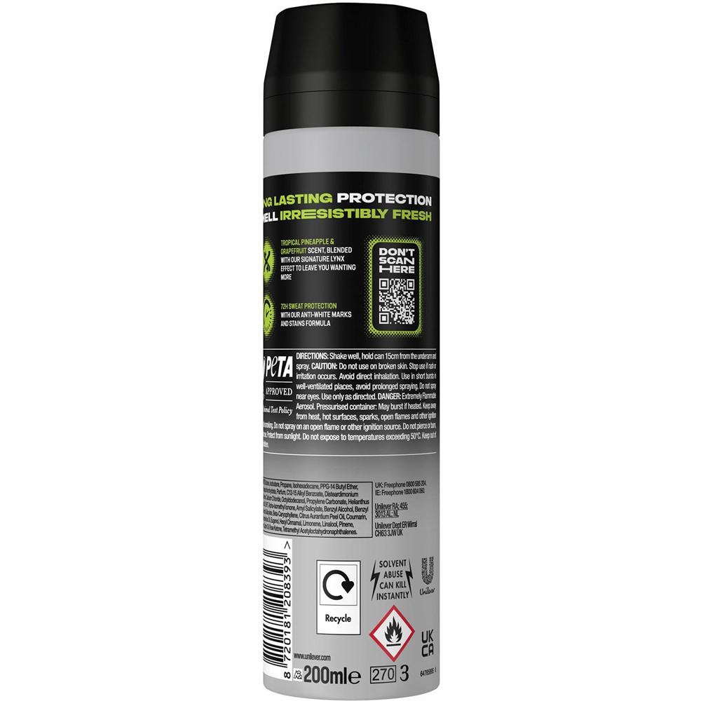 Lynx Epic Fresh Grapefruit and Tropical Pineapple Anti-Perspirant Deodorant Spray 200ml 24 Pack Image 3