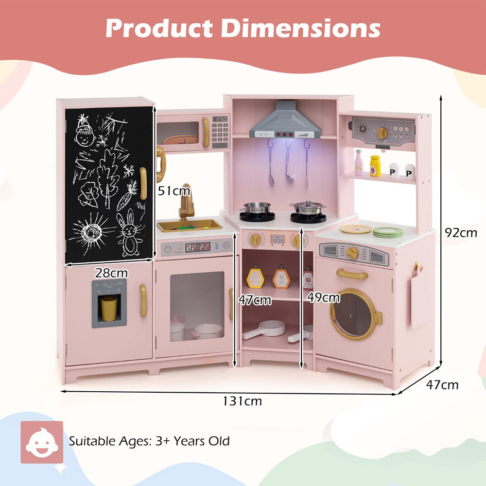 Costway Kids Pink Wooden Corner Kitchen Playset with Lights and Sounds Image 7