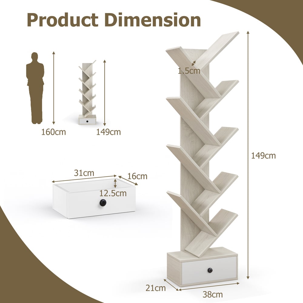 Costway Single Drawer 10 Shelf Beige Tree Bookshelf Image 9