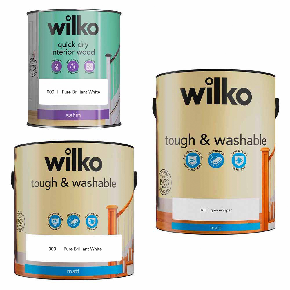 Wilko One Room Grey Whisper and Pure Brilliant White Paint Bundle Image 1