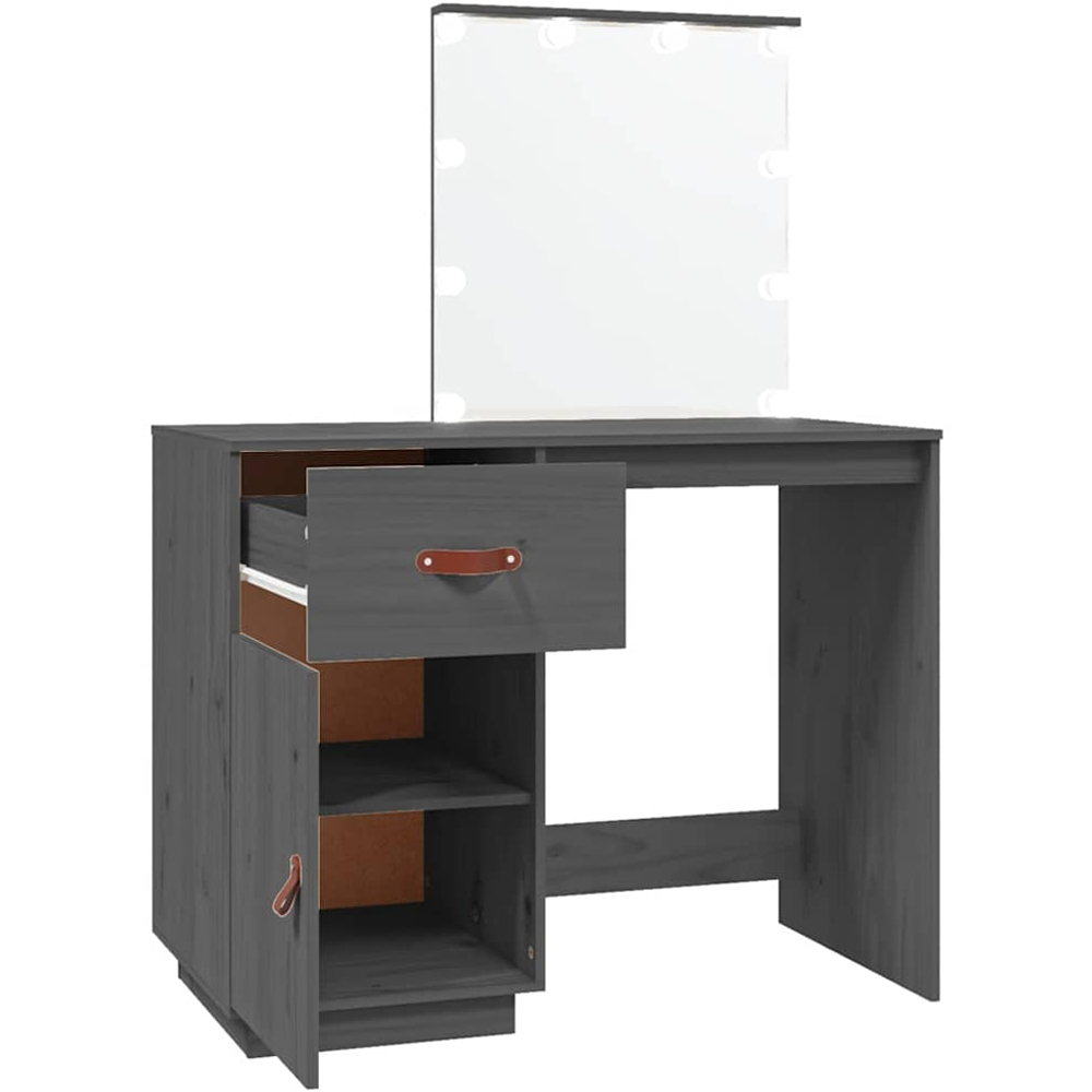 vidaXL Single Door Single Drawer Grey Solid Wood Pine Dressing Table with LED Mirror Image 3