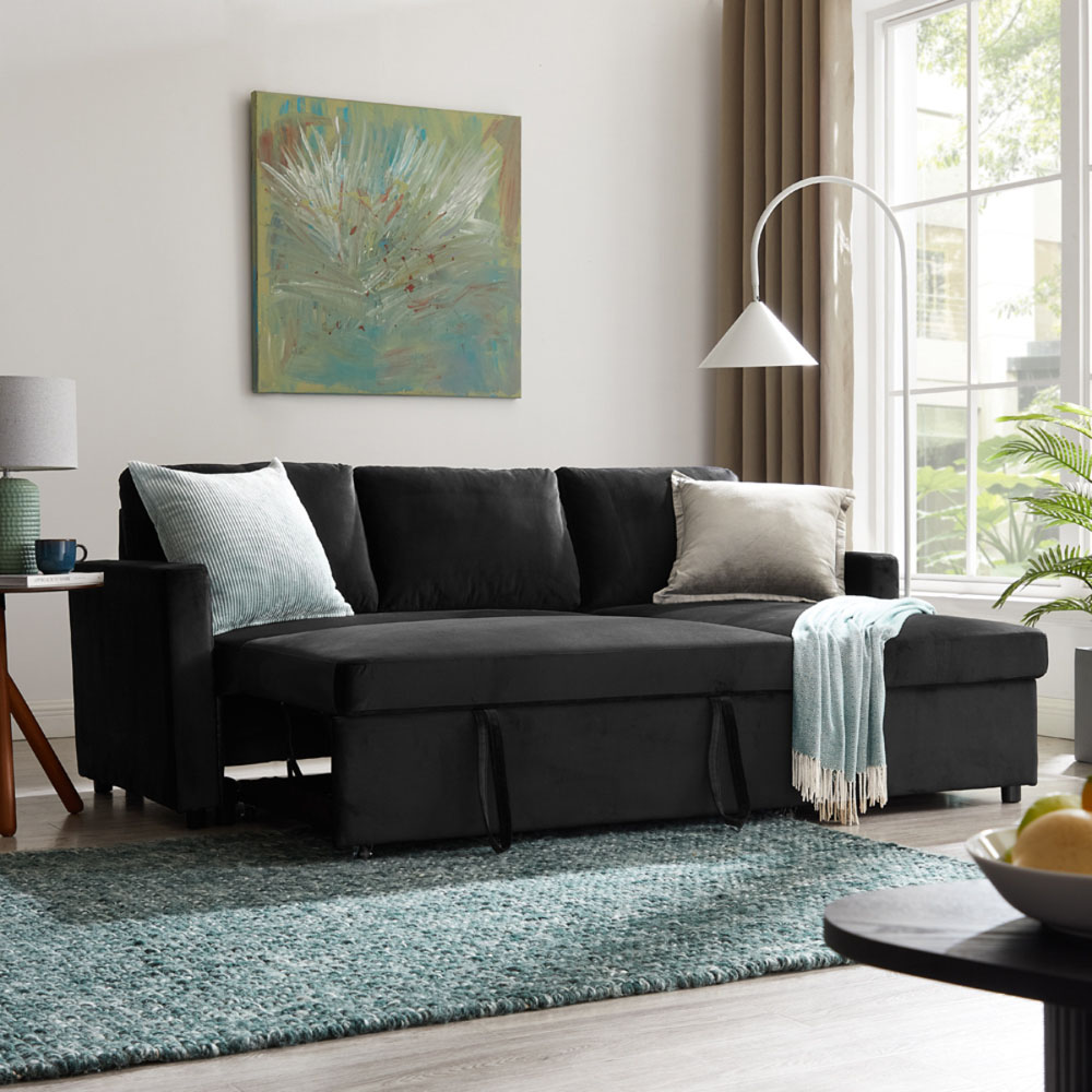 Home Detail Dorset Small Double Sleeper Black Velvet Pull Out Sofa Bed ...