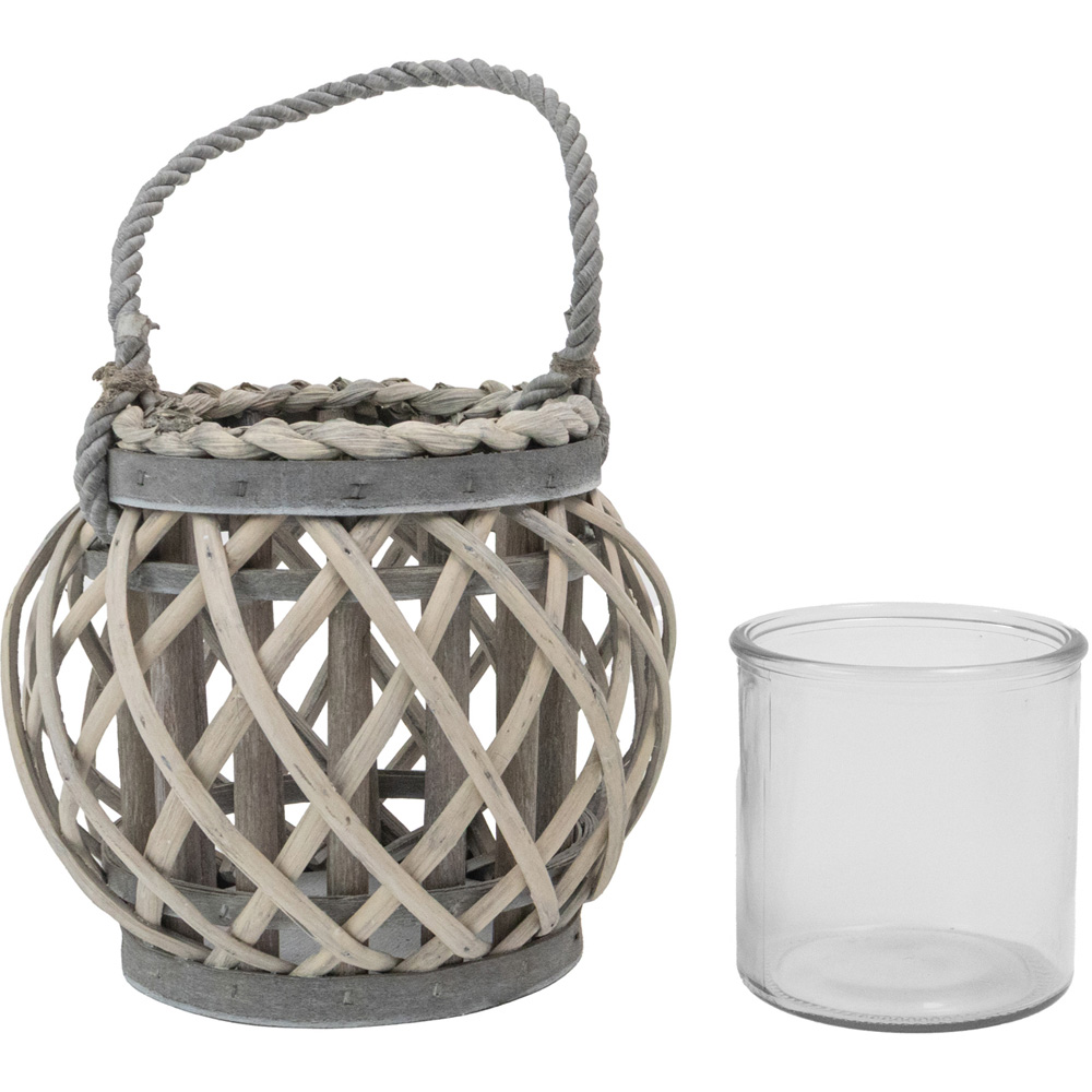 JVL Luna Grey Wash Natural Willow Wood Round Lantern with Braided Rope Handle Image 3