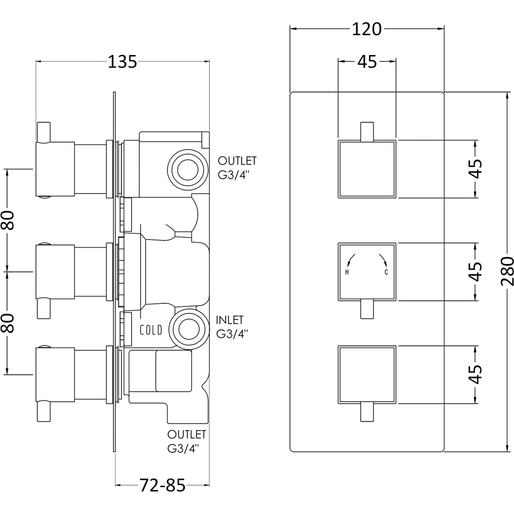 nuie Chrome Triple Thermostatic Shower Valve with Diverter Image 2