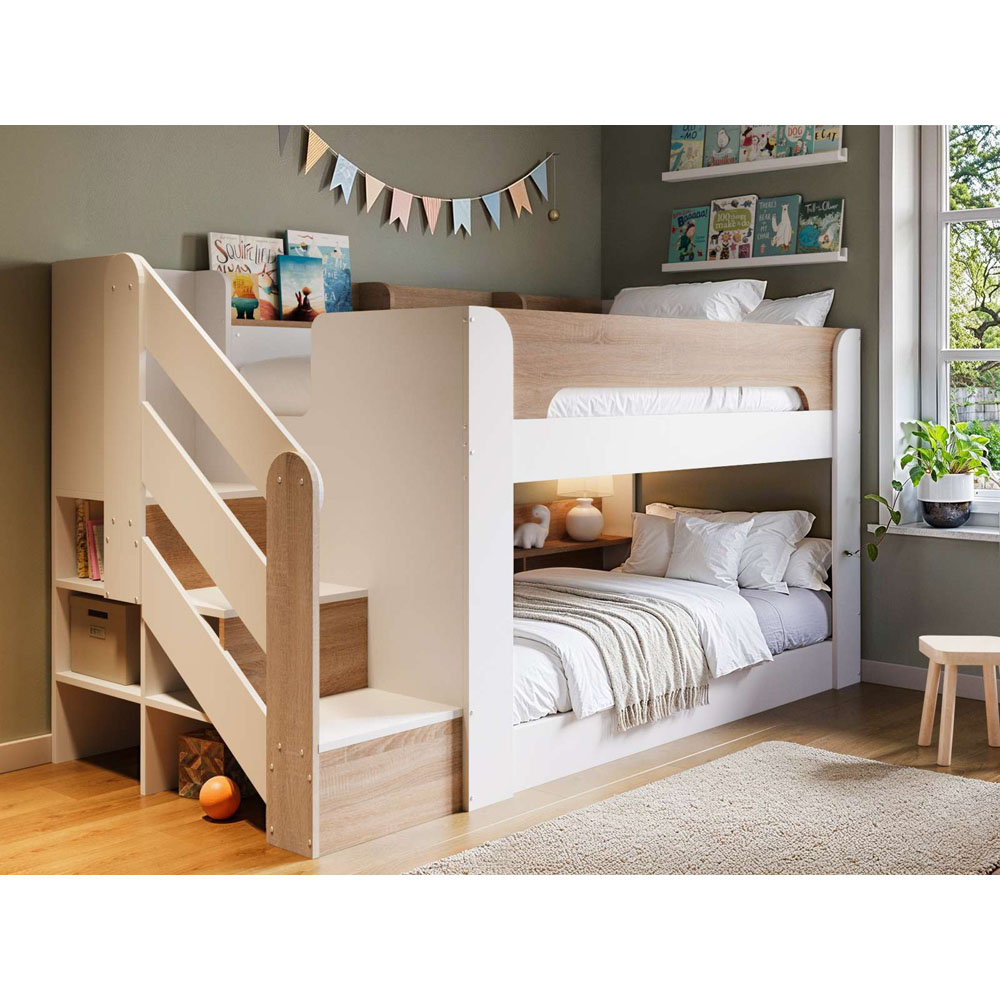 Flair Zeno White and Oak Low Bunk Bed with Staircase and Storage Image 6