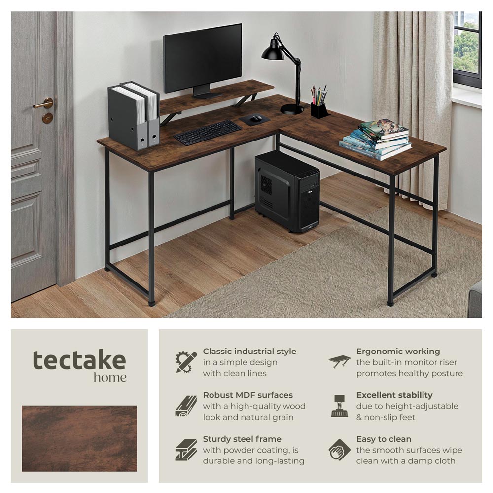 tectake Melrose Industrial Dark Wood Corner Office Desk Image 6