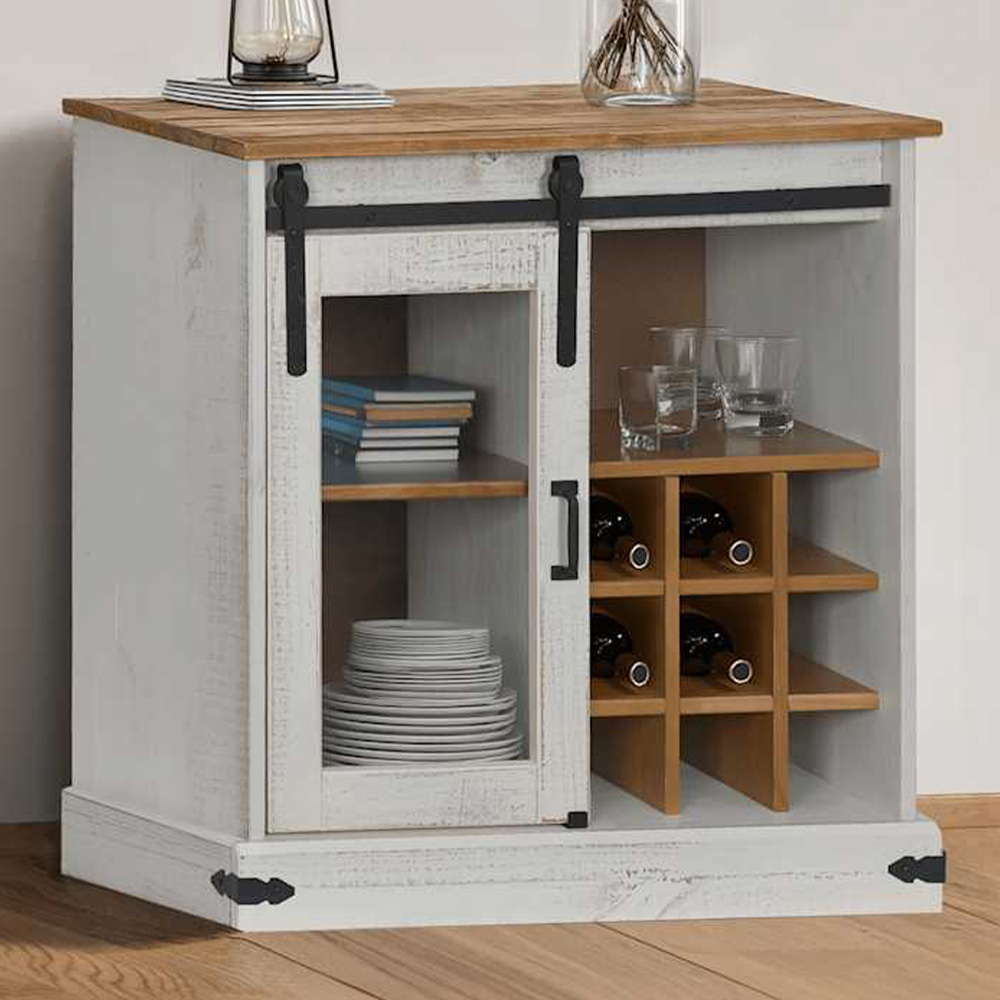 vidaXL Halden Single Sliding Door White Solid Pine Wood Sideboard with Wine Rack Image 1