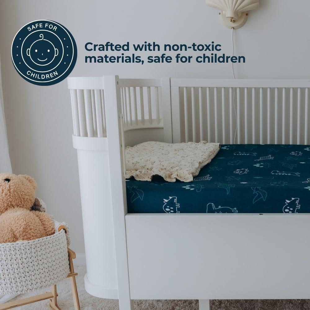 MHG Living Denim Blue and Dino Jersey Cotton Fitted Cot Bed Sheet 140 x 70cm 2 Pack Image 4