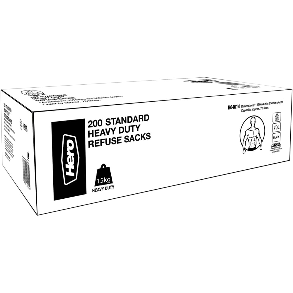 Hero Heavy Duty Refuse Sacks Bin Bag Black 70L 200 Pack Image 1
