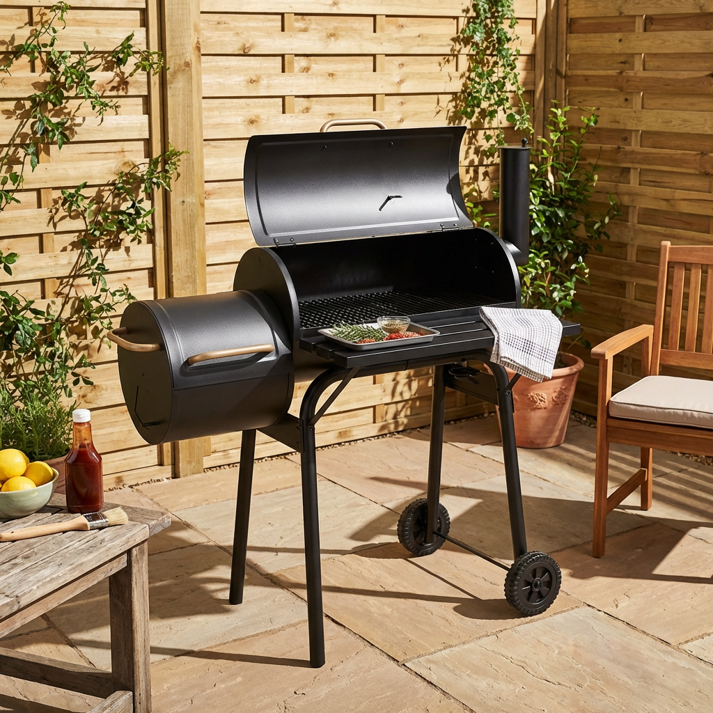 Black Houston Smoker BBQ with Grill Gold Handles Image 4