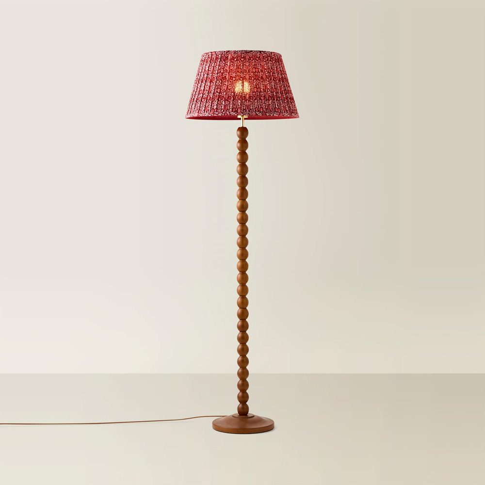 ValueLights Bobble Burgundy Pleated Shade Walnut Wooden Floor Lamp with Bulb Image 3