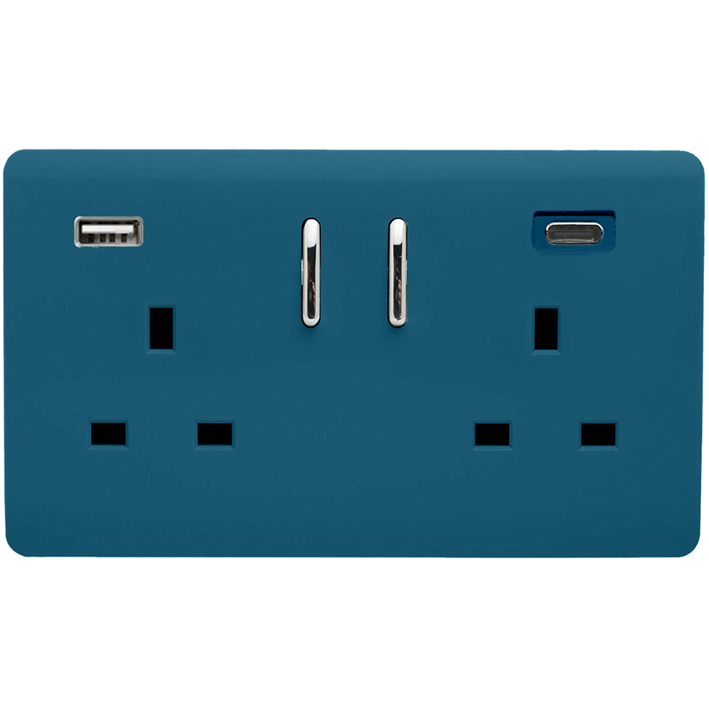 Trendi Switch 2 Gang 13amp 2 Port USB Ocean Blue Switched Plug Socket Image 1