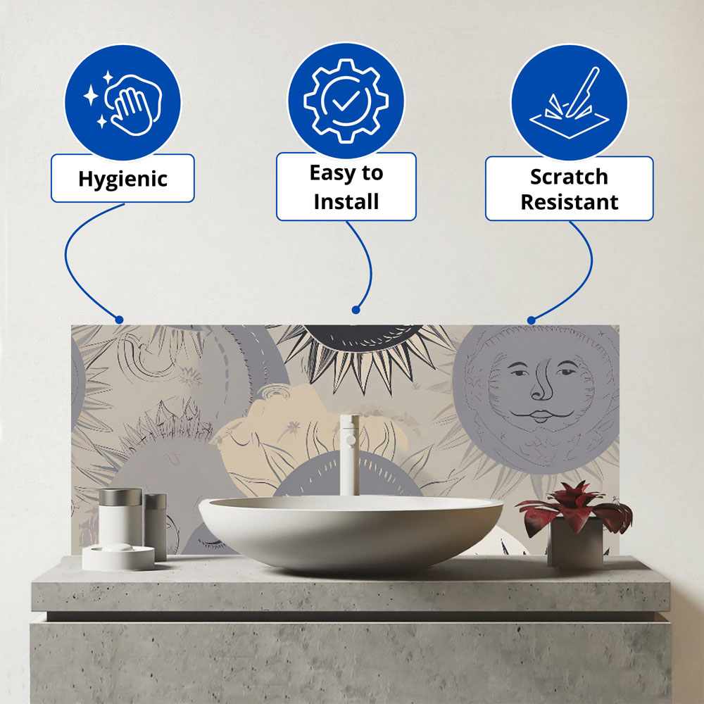 Warren Reed Designer Grey Black Abstract Moon and Sun Glass Bathroom Splashback 25 x 60cm Image 3