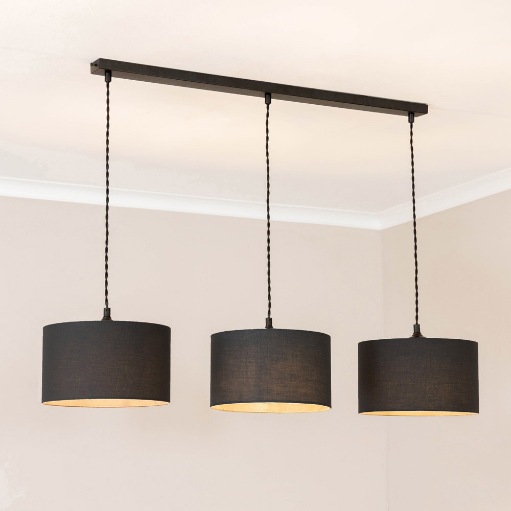 ValueLights Reni Black Fabric Drum Shade 3 Drop Bar Black Diner LED Ceiling Light Image 2