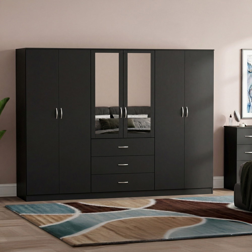 VIDA DESIGNS Riano 6 Door 3 Drawer Black Mirrored Wardrobe Image 5