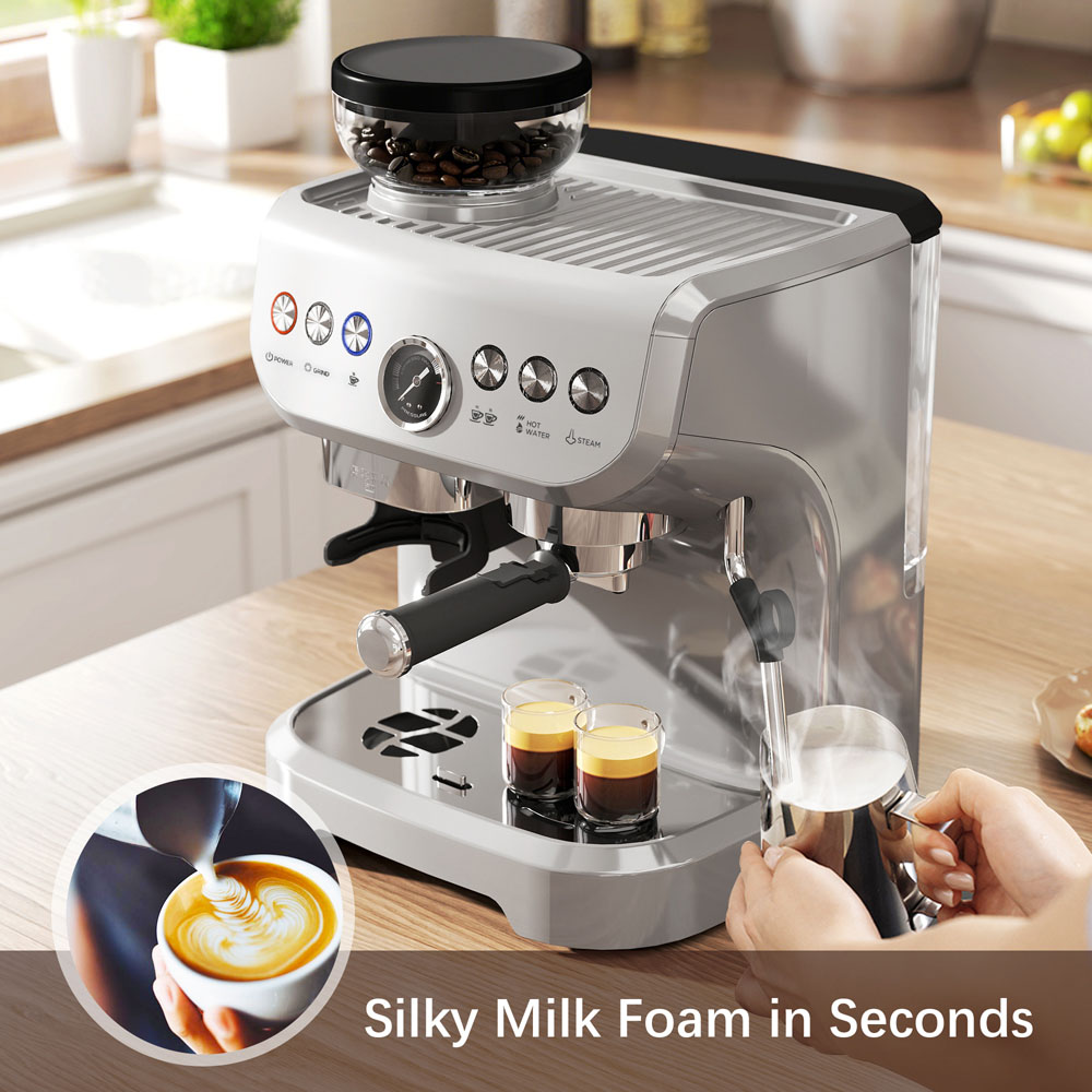 HOMCOM 800-197V70SR Silver 15 Bar Pressure Espresso Machine with Bean Grinder and Steam Wand Image 6