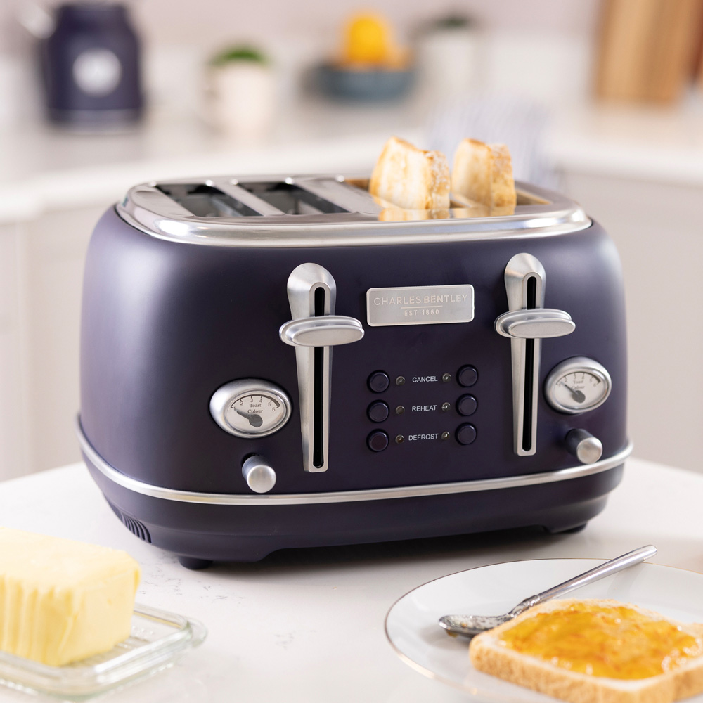 Charles Bentley TORE01DARKBL Matt Dark Blue and Silver 4 Slice Toaster Image 2