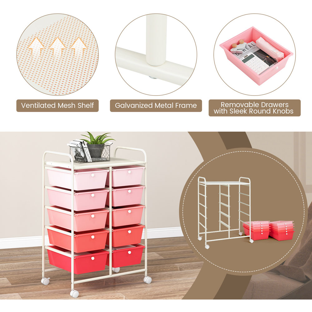 Costway 10 Drawer Pink Storage Rolling Cart Image 6