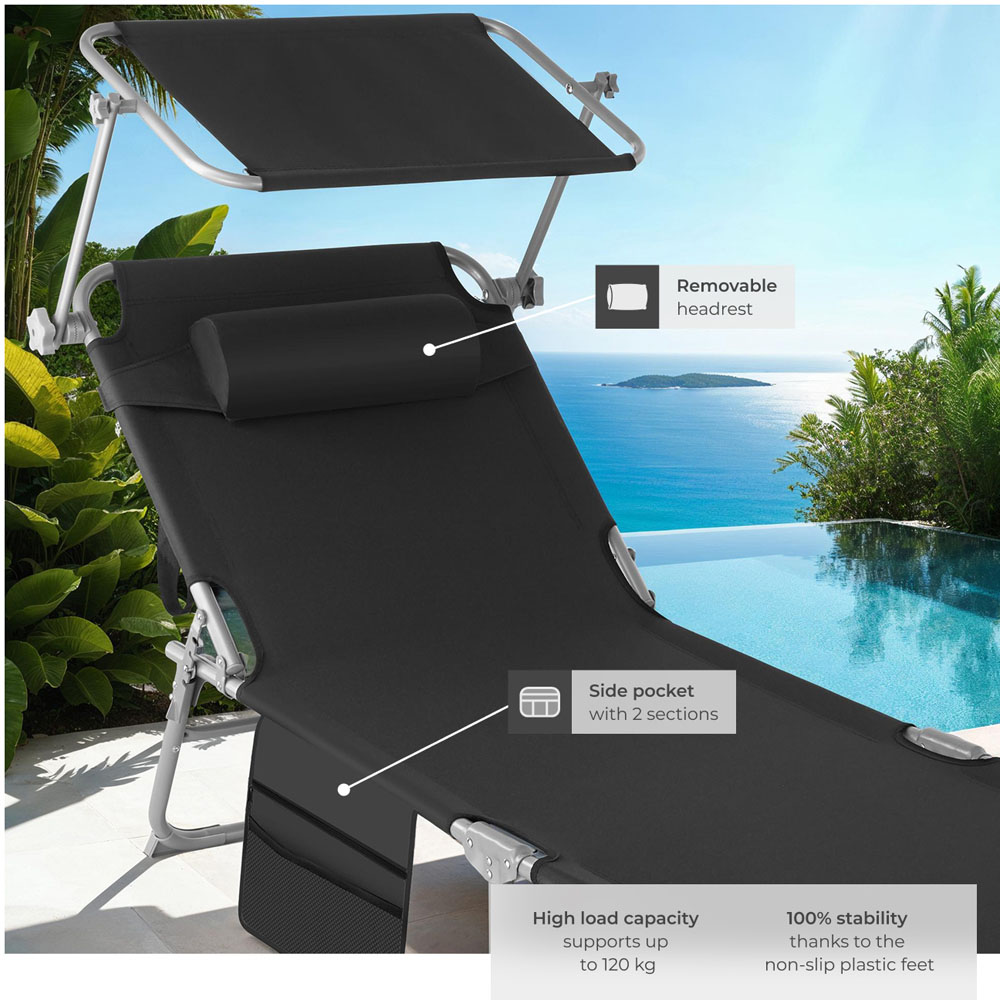 tectake Set of 2 Black Foldable Sun Loungers with Sun Canopy Image 4