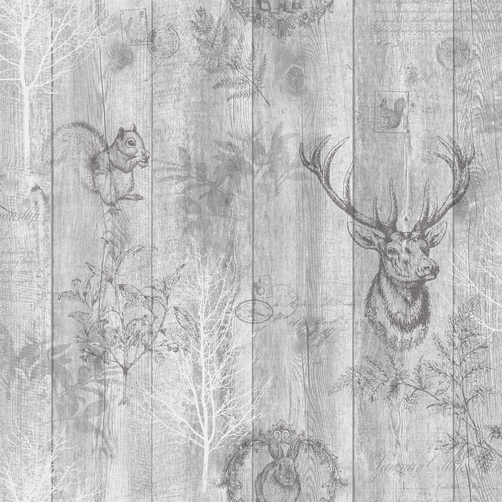 Holden Decor Stag Wood Panel Grey Wallpaper Image 1