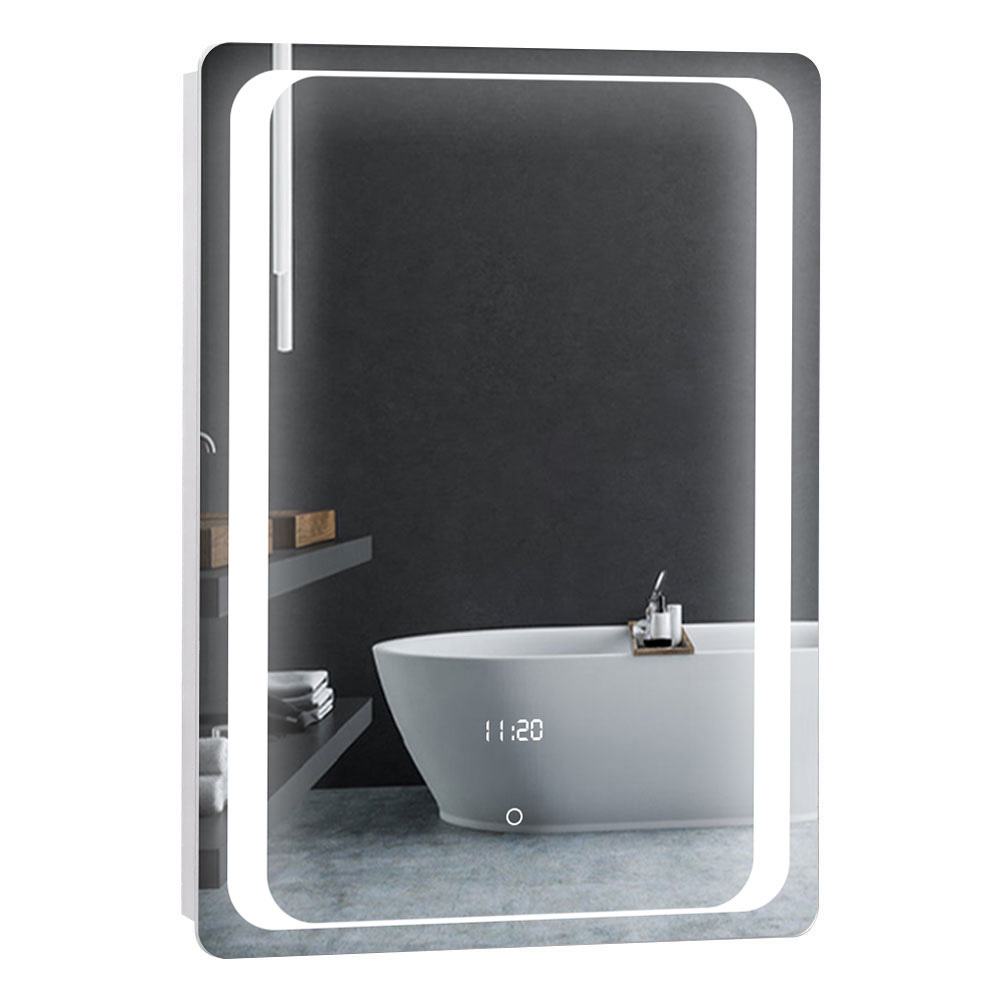 Living and Home White LED Mirror Bathroom Cabinet with Electronic Clock Image 2