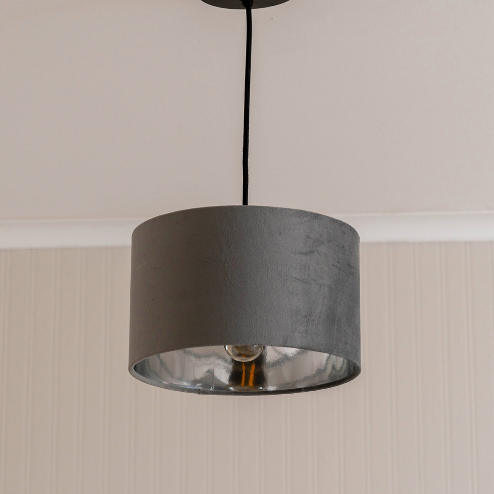 ValueLight Reni Small Grey Velvet Metallic Chrome Inner Pendant Ceiling Lamp Shade Image 2