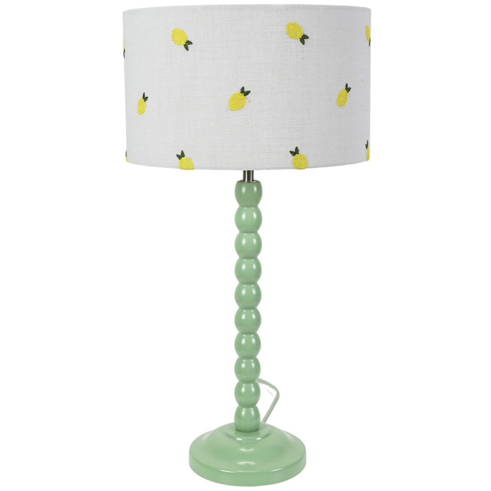 ValueLights Bobbins Lemon Embroidered Drum Shade Sage Green LED Table Lamp Image 1