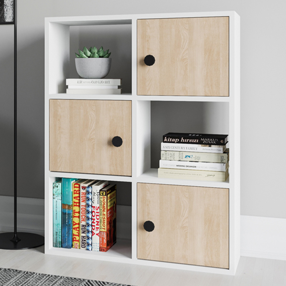 Decorotika Tilton 3 Door 3 Open Shelf White and Oak Bookcase Image 1
