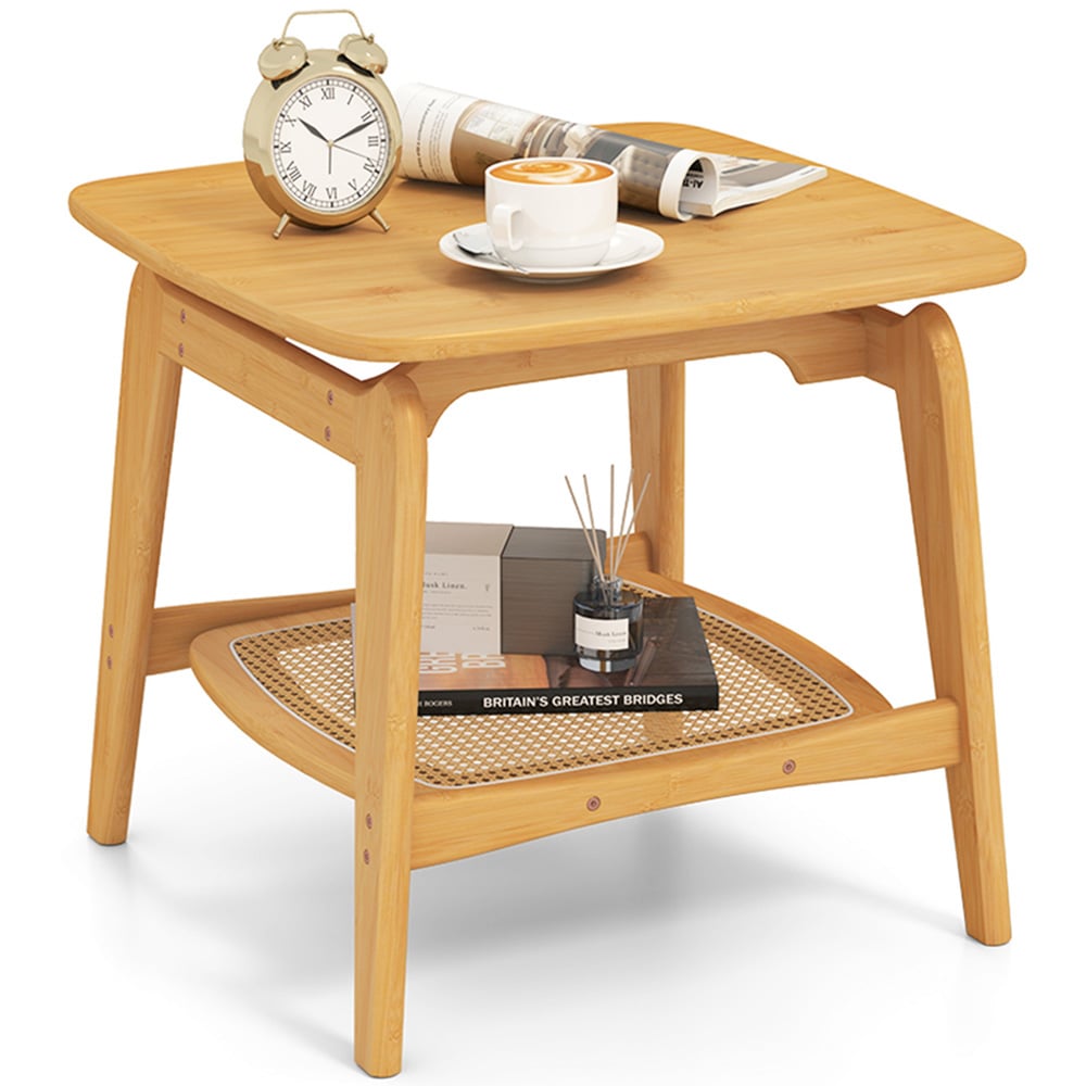 Costway Single Shelf Bamboo and Faux Rattan Natural Side Table Image 3
