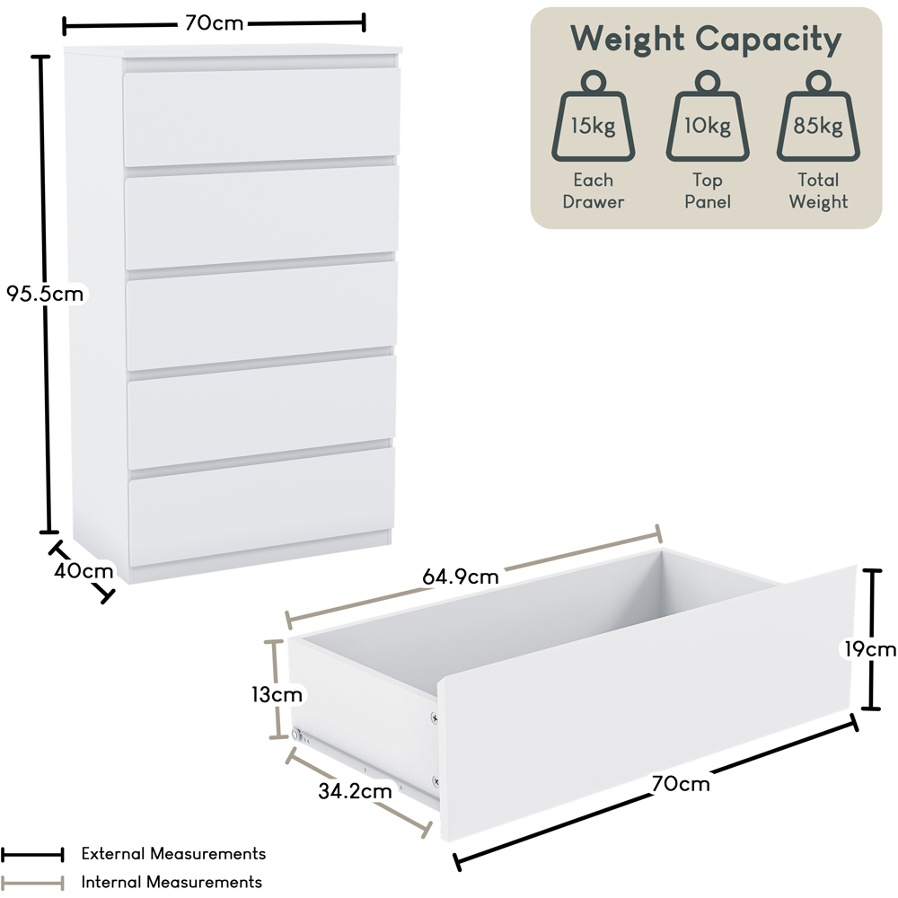 VIDA DESIGNS Denver 5 Drawer White Chest of Drawers Image 9
