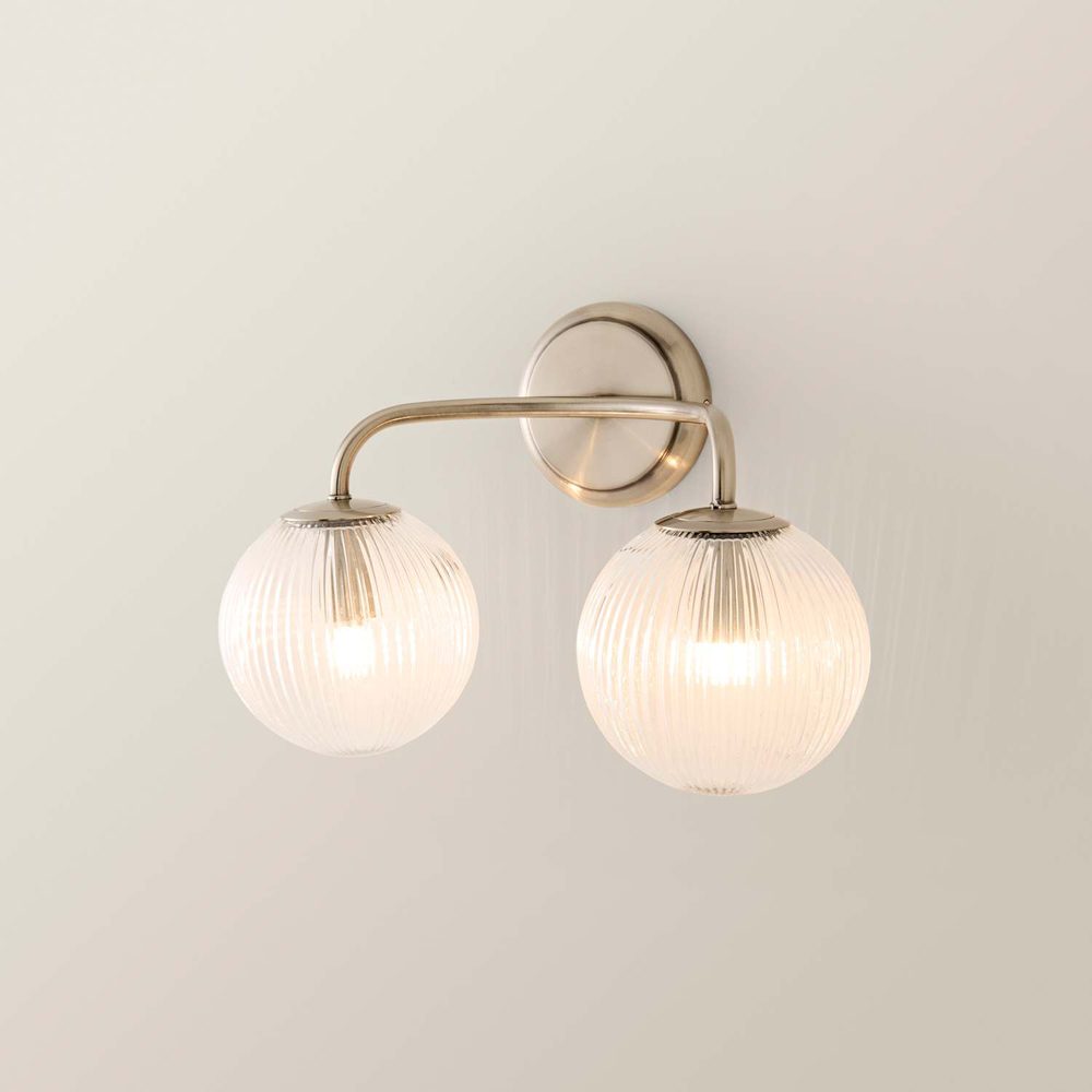 ValueLights Kempton 2 Arm Ribbed Glass Globe Brushed Chrome LED Wall Light with Bulb Image 4
