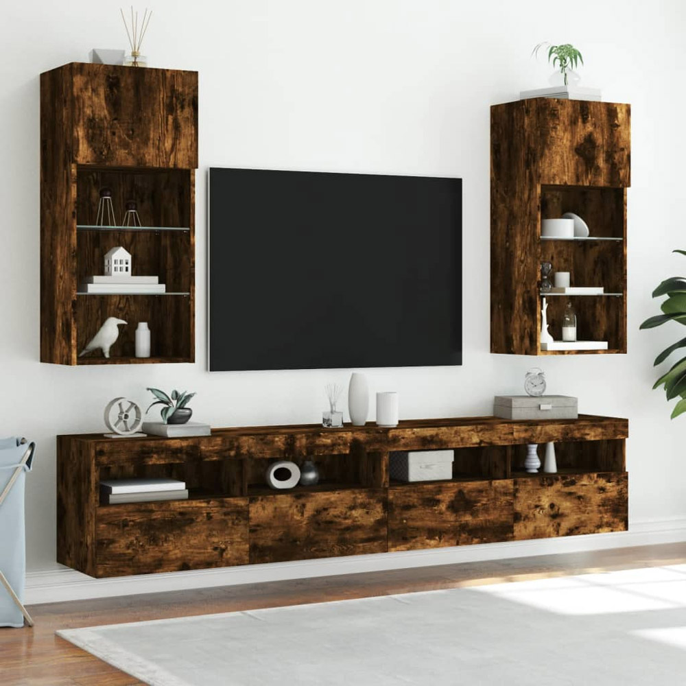 vidaXL Single Door 3 Open Shelf Smoked Oak TV Cabinet with LED Light Set of 2 Image 3