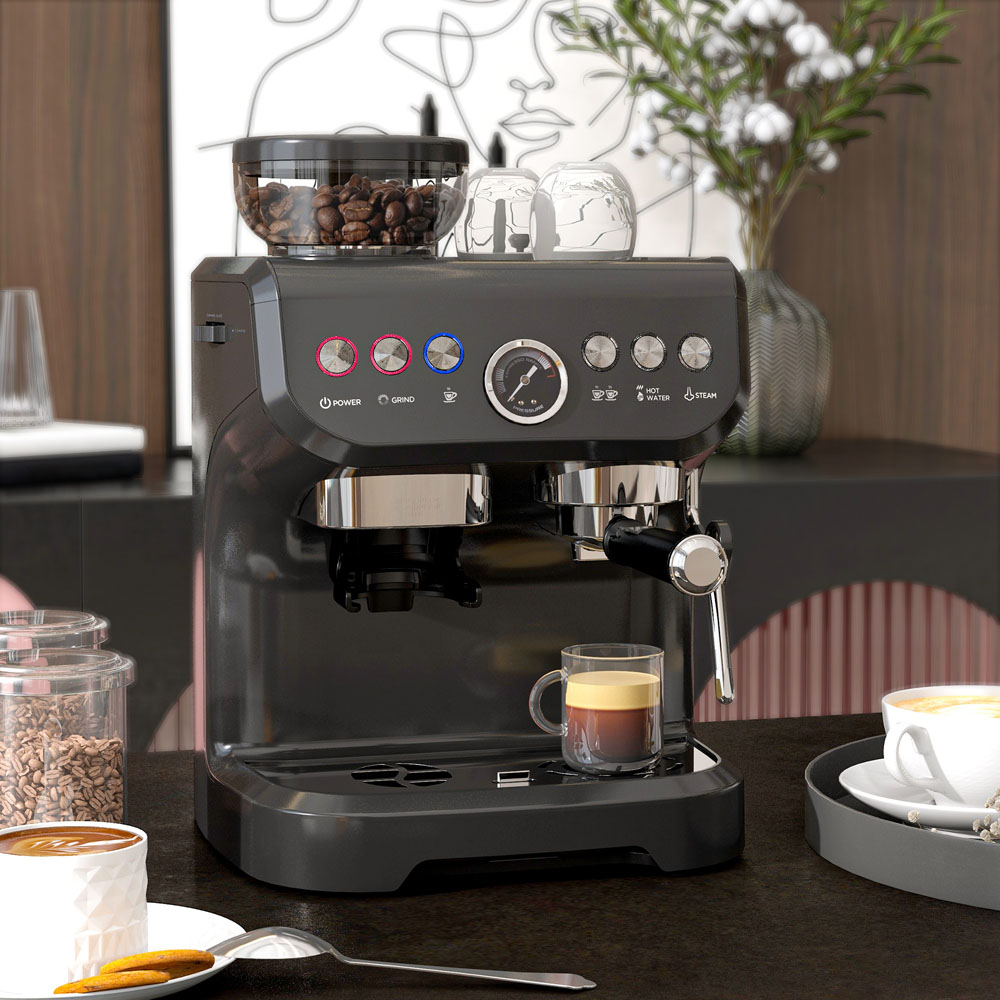 HOMCOM 800-197V70BK Black 15 Bar Pressure Espresso Machine with Bean Grinder and Steam Wand Image 2