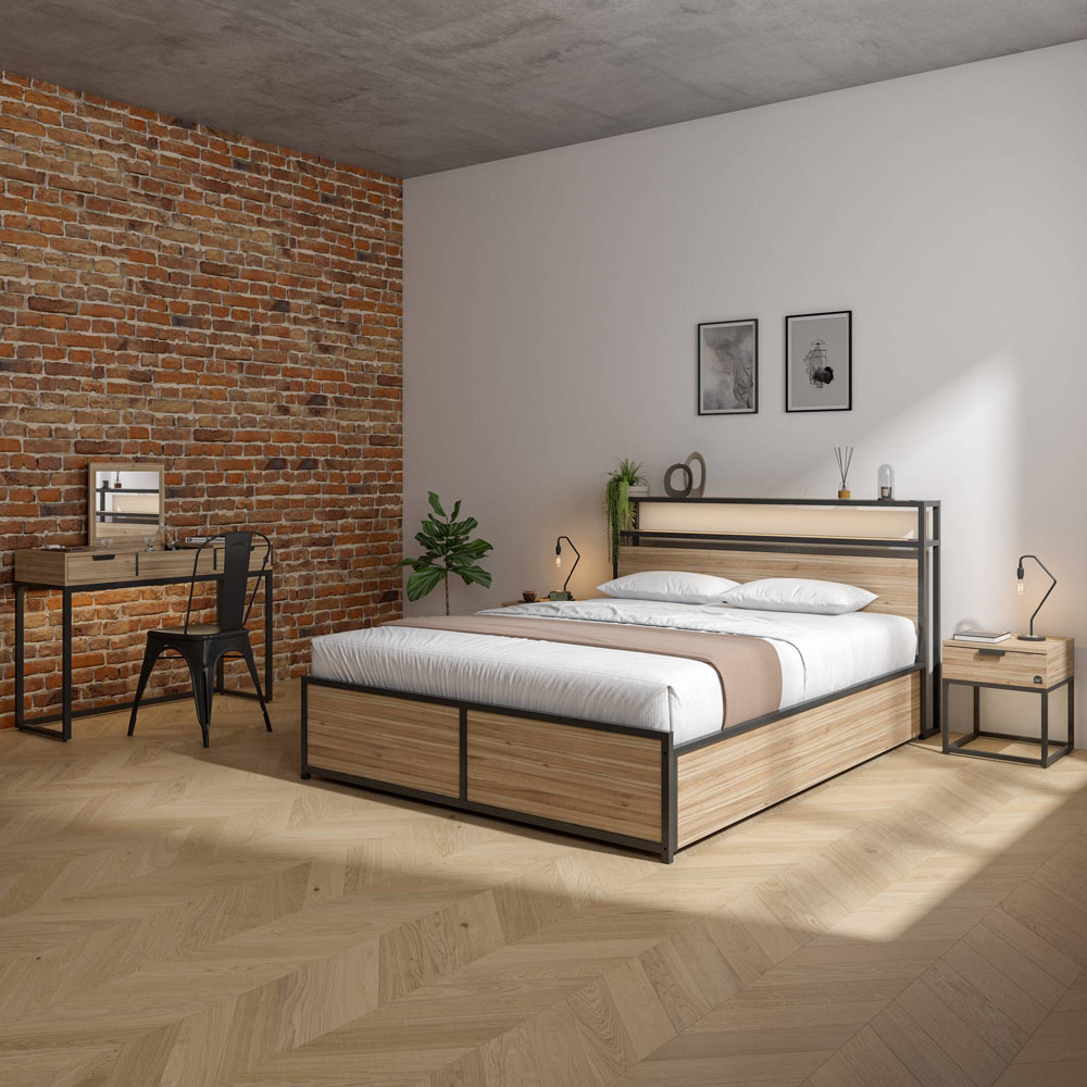XR Living Denver King Size Oak and Black Ottoman Bed with App Controlled LED Light Image 2