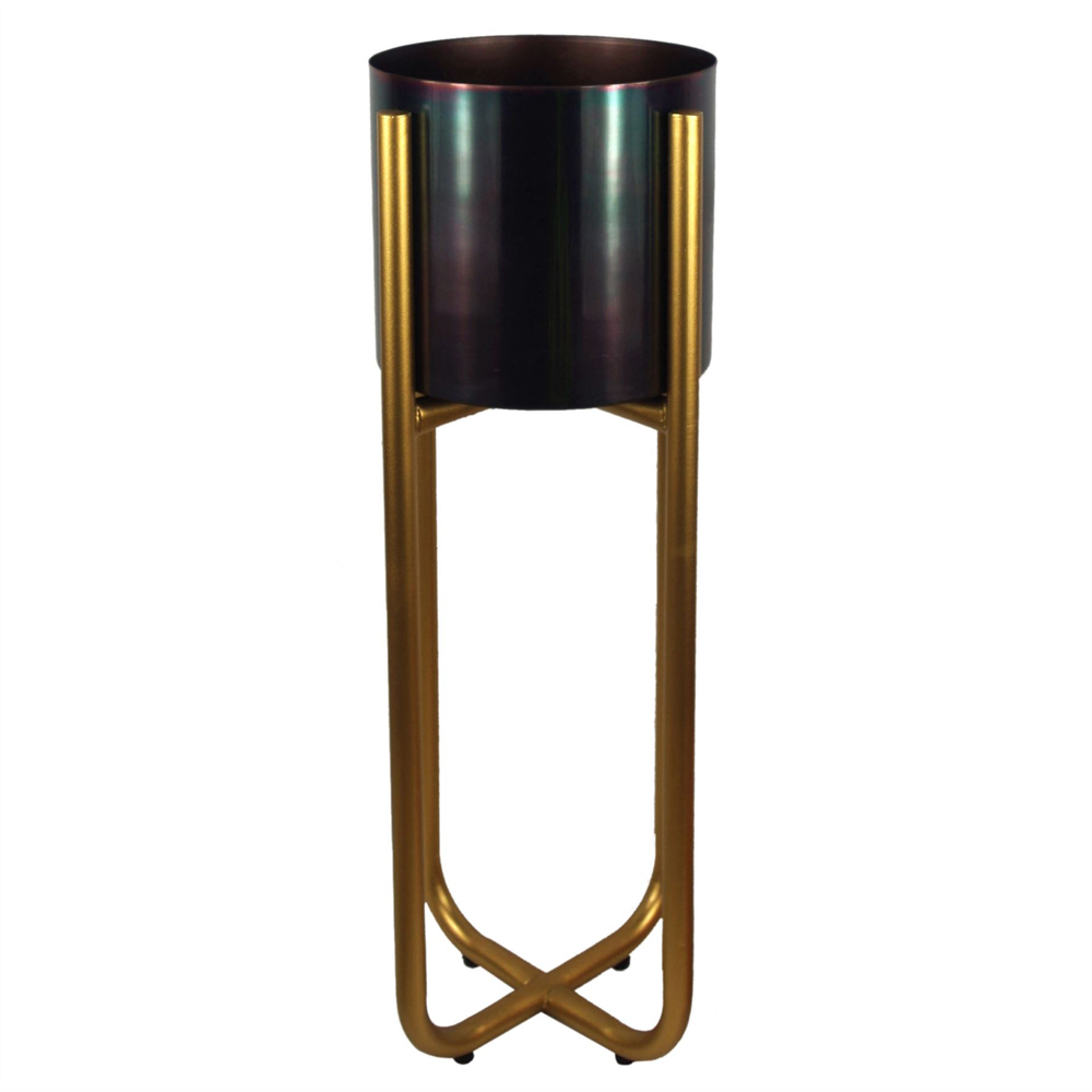 Leaf Tall Gold Metal Planter Stand and Iridescent Rainbow Planter Set 62 x 18cm Image 1