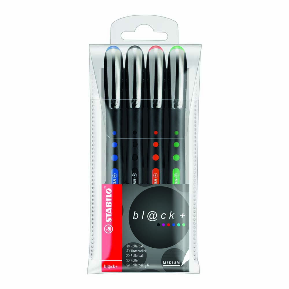 STABILO Bl@ck + Rollerball Pens Medium Tips Assorted Colours 4 pack Image