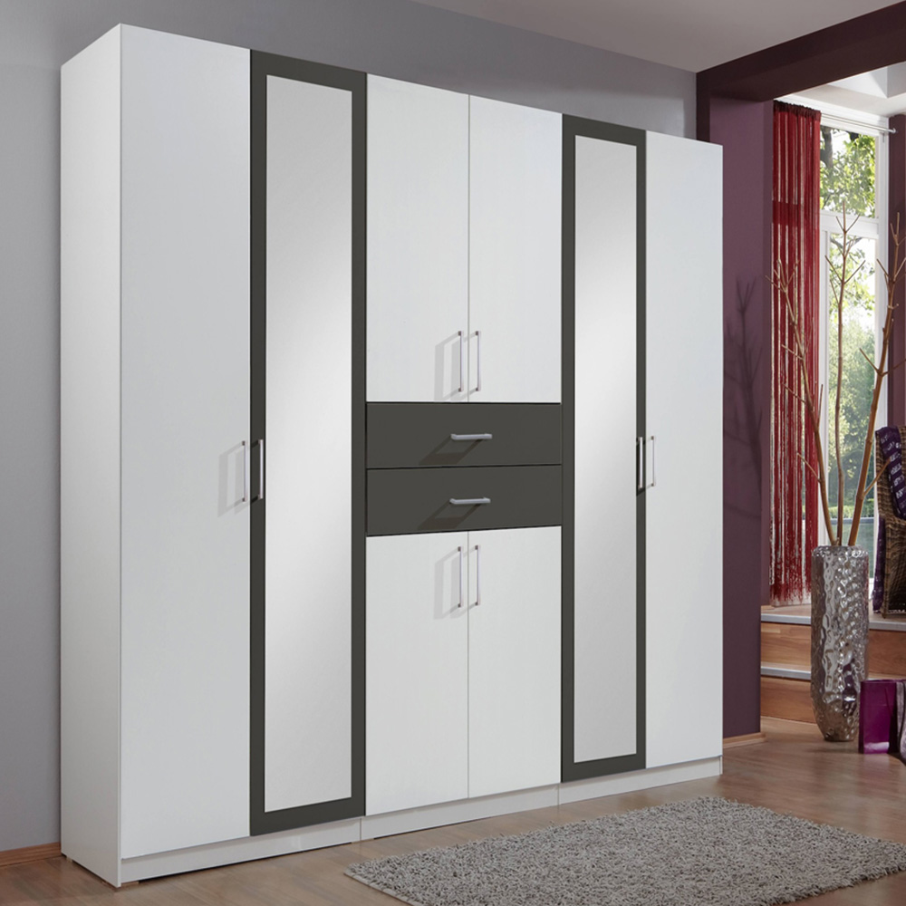 TJ'S Bristol 8 Door 2 Drawer White and Graphite Mirrored Wardrobe Image 1