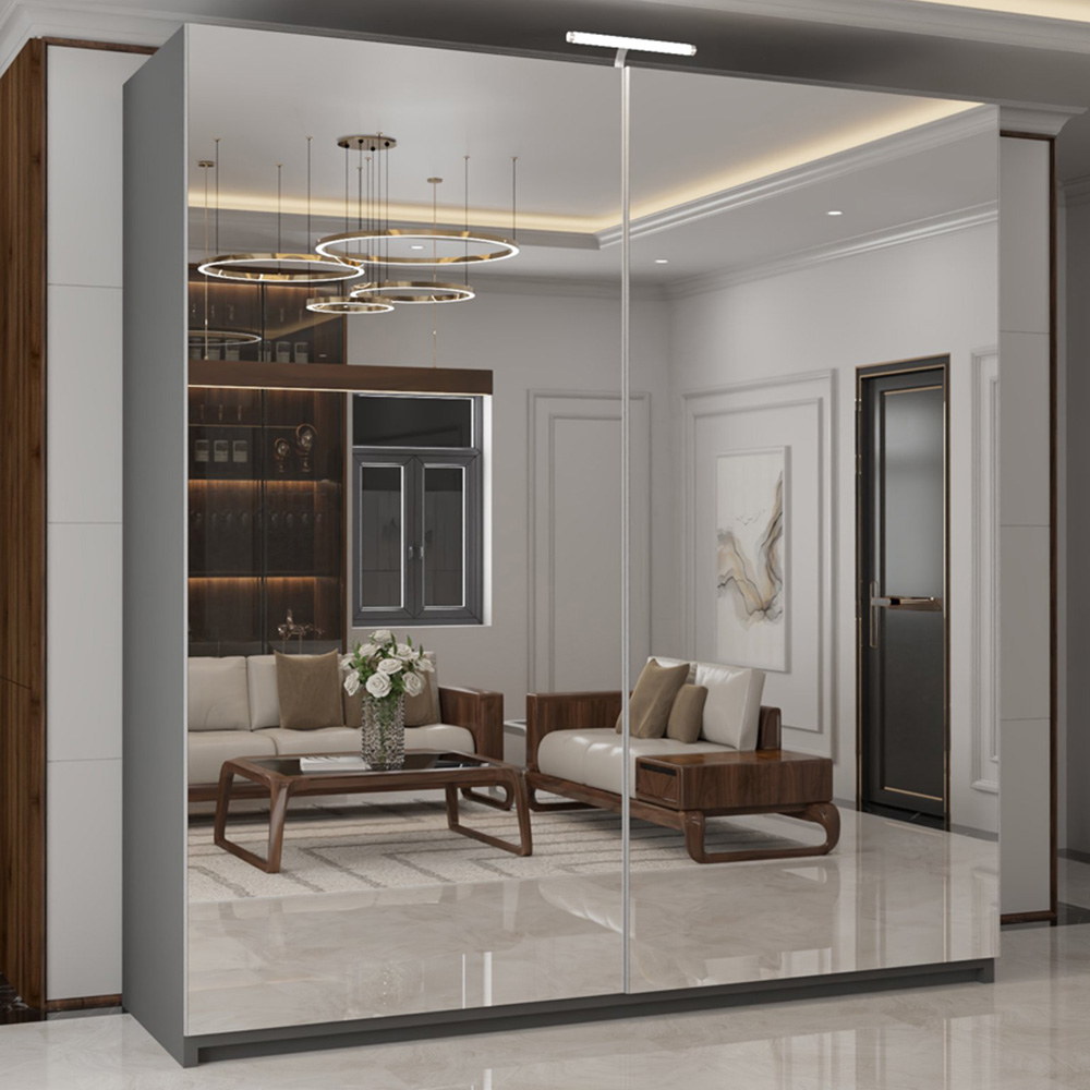 M N Furniture Modern 2 Door Grey Mirrored Sliding Wardrobe 150cm Image 1