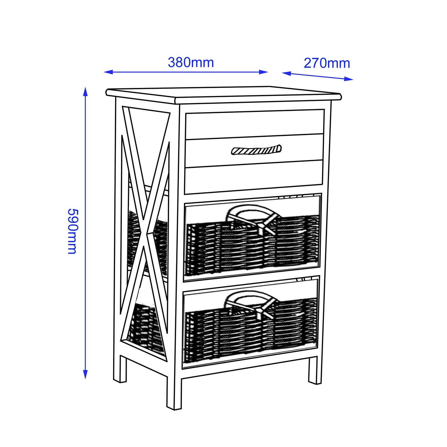 Wembury 3 Drawer White Storage Unit with 2 Willow Basket Image 2