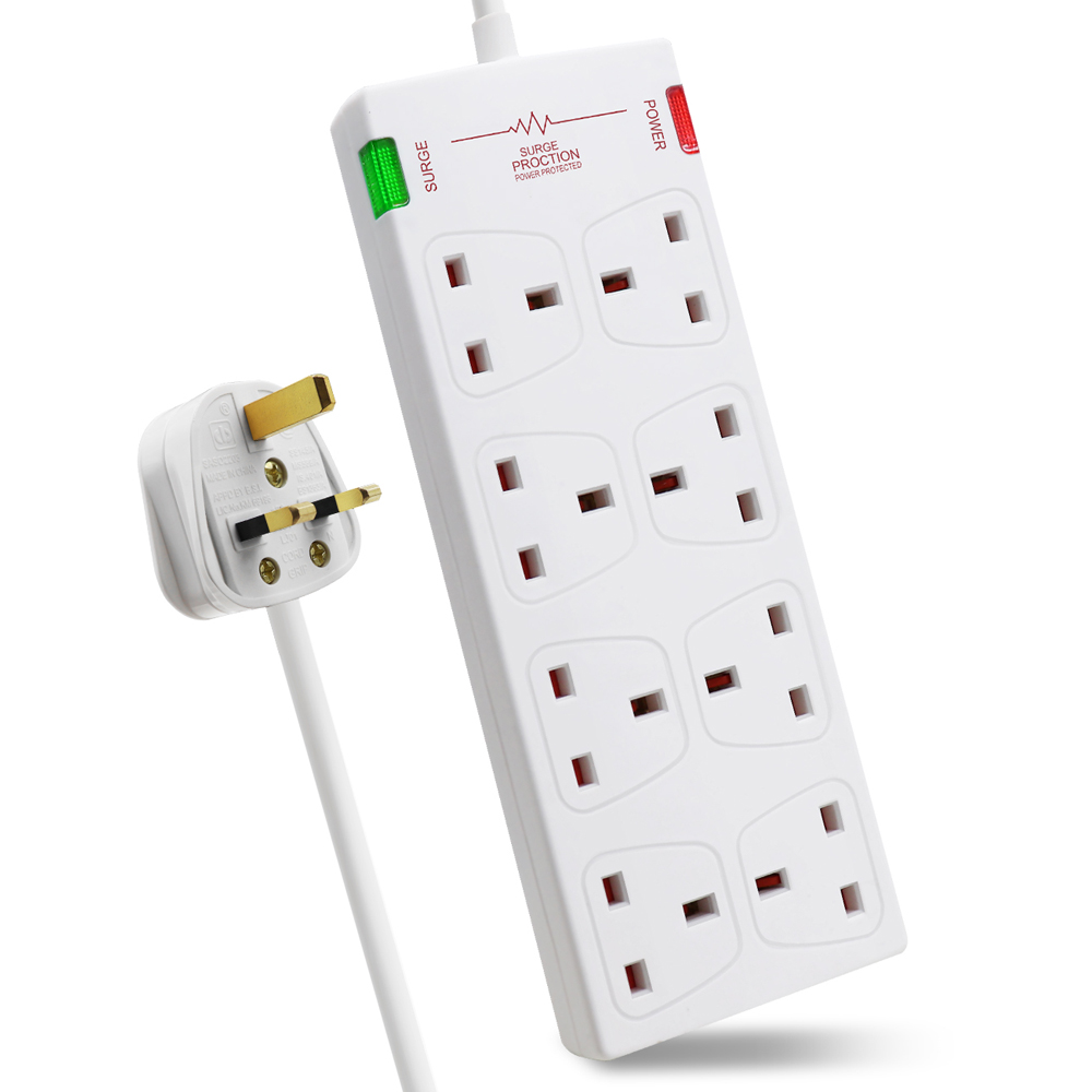 ExtraStar White 13A 3m 8 Socket Surge Protected Extension Lead Image 1