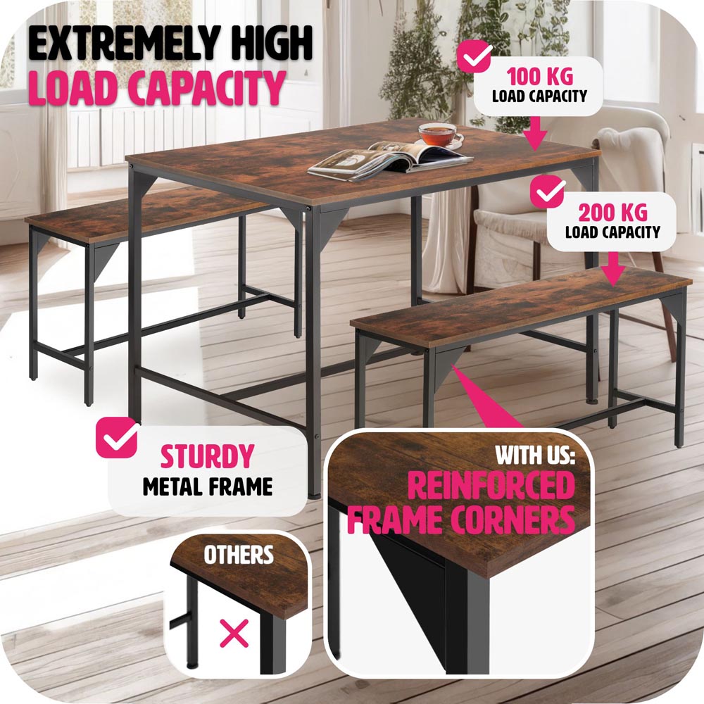 tectake Bolton 2 Seater Industrial Dark Wood Dining Set with Bench Image 3