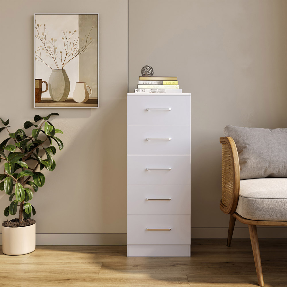Seconique Dakota 5 Drawer White Narrow Storage Chest Image 8
