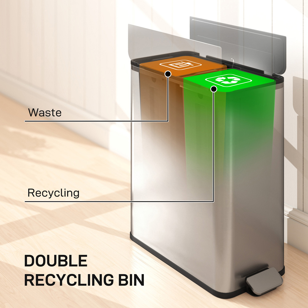 HOMCOM Double Silver Pedal Bin with Removable Inner Bucket and Soft-Close Lid 56L Image 4