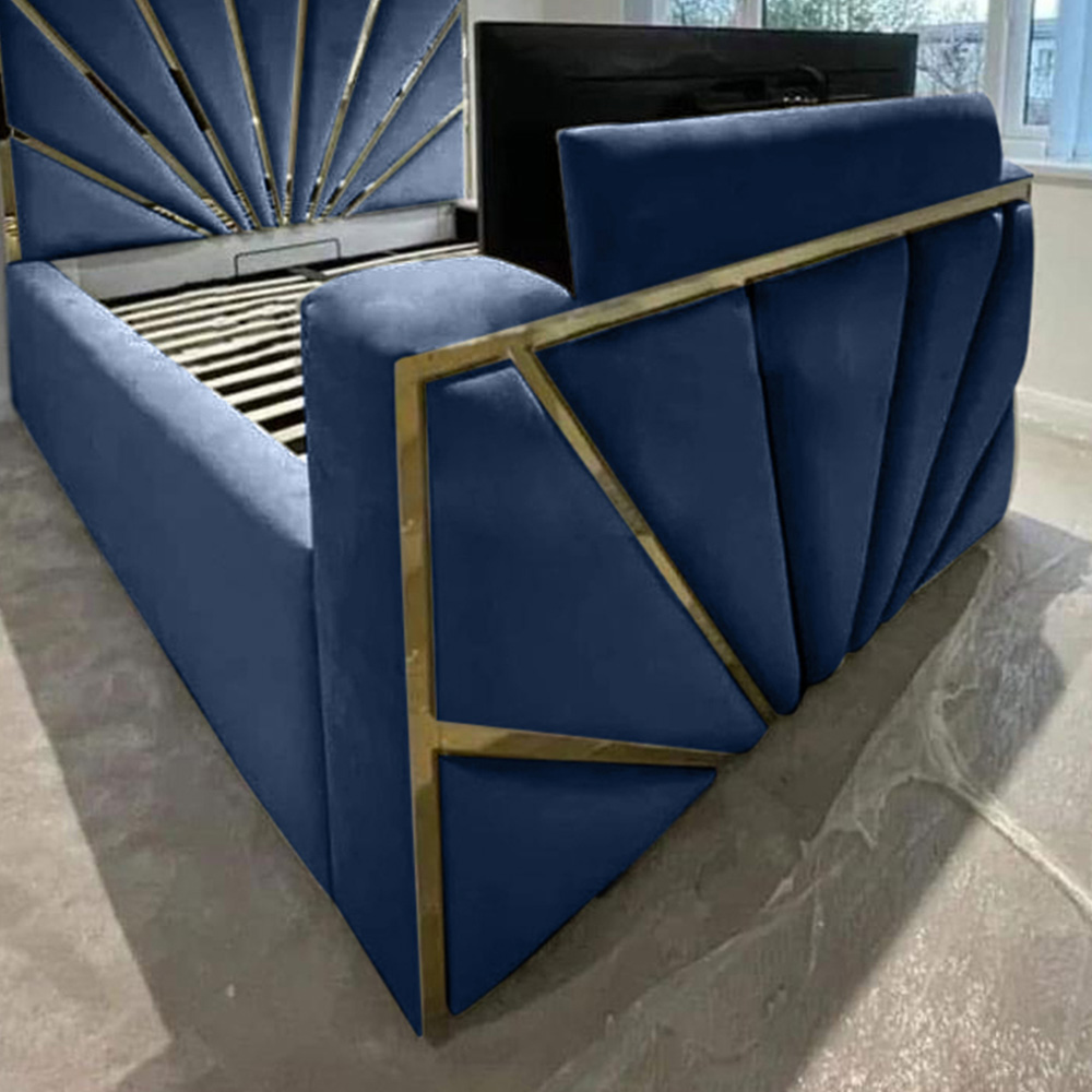 Eleganza Home Leniva Double Blue Plush TV Bed Frame with Headboard and Footboard Image 2