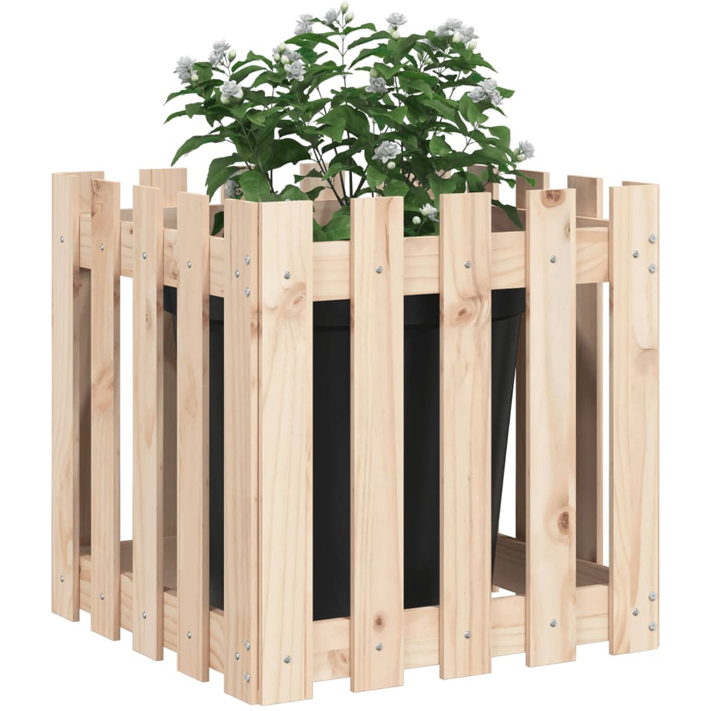 vidaXL Natural Solid Pine Wood Fence Design Garden Planter 50 x 50 x 50cm Image 2
