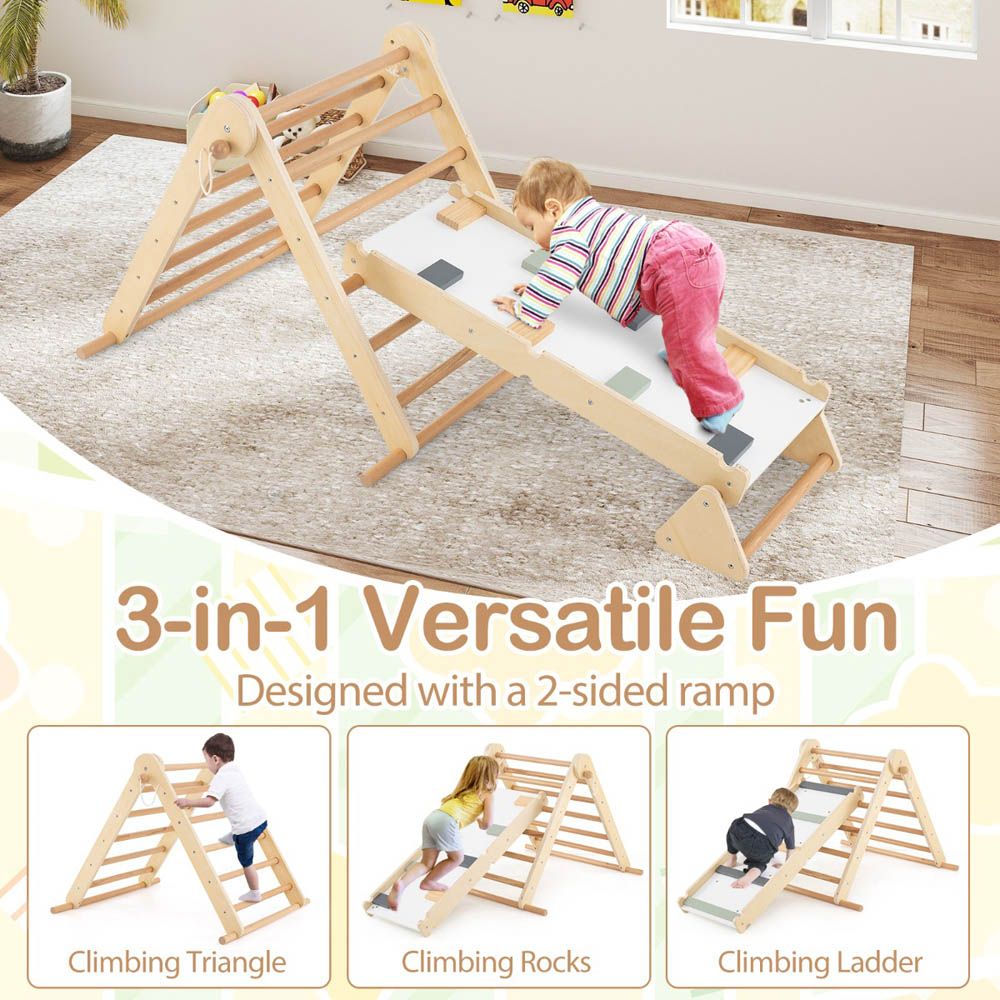 Costway 3-in-1 Natural Pikler Triangle Climbing Set with Dual Side Ramp Image 5