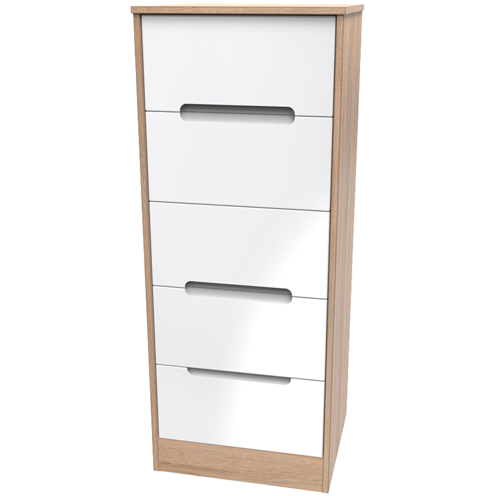 Crowndale Monaco 5 Drawer White Gloss and Bardolino Oak Tall Bedside Cabinet Ready Assembled Image 3
